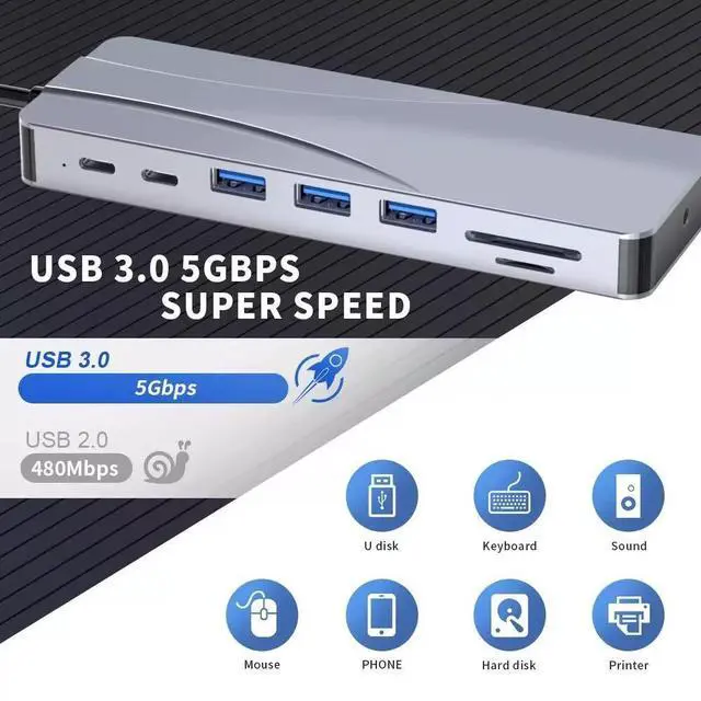 Alt view image 2 of 7 - USB C Docking Station Dual Monitor for De-ll/H-P/Len-ovo/Sur-face Laptop, 14 in 1 Triple Display Hub Multiple Adapter, Dongle with 2 HDMI 4K+VGA+5 Port+100W PD Charger+Ethernet+SD/TF+Audio