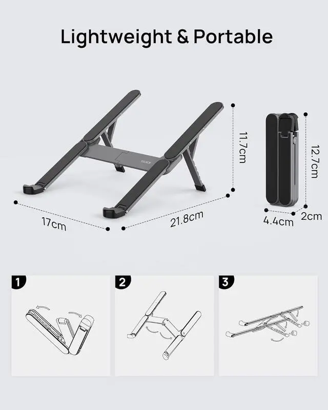 Alt view image 2 of 7 - Ultra Compact, Foldable & Portable Laptop Stand for Desk, Lightweight Tablet Stand for Business Travel, Library, Cafe, 6 Level Height Ergonomic Aluminum Computer Holder for 10-16" Laptops