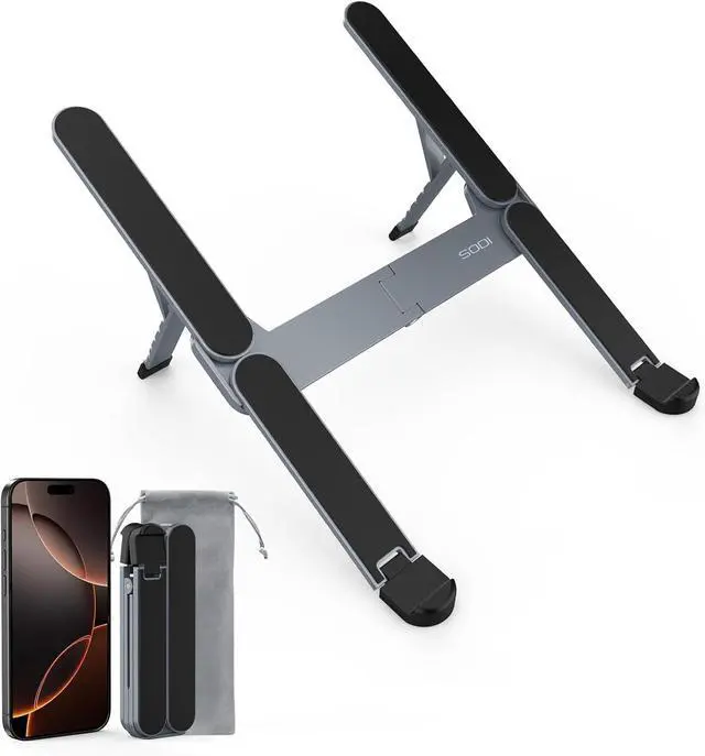 Main image of Ultra Compact, Foldable & Portable Laptop Stand for Desk, Lightweight Tablet Stand for Business Travel, Library, Cafe, 6 Level Height Ergonomic Aluminum Computer Holder for 10-16" Laptops