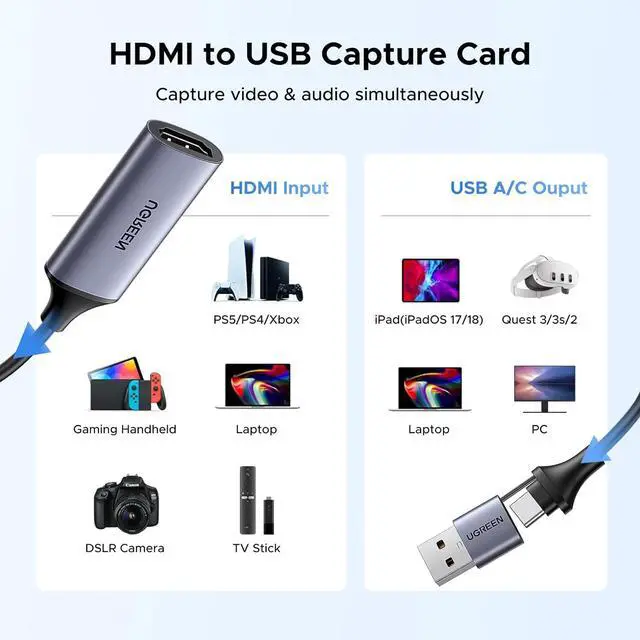 Alt view image 7 of 7 - Full HD 1080P Capture Card 4K HDMI to USB-A/USB-C HDMI Video Capture Card USB 2.0 Capture Video and Audio Recording for Gaming, Streaming, Teaching, Video Conference
