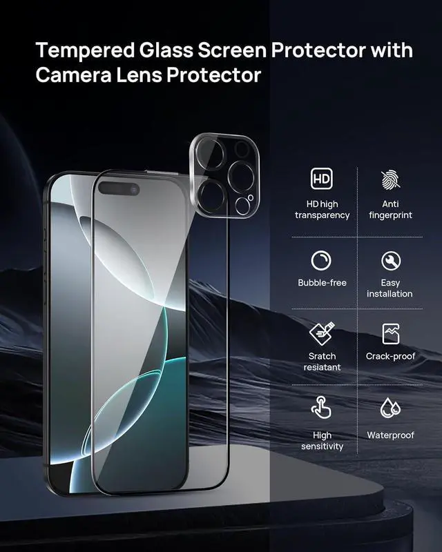 Alt view image 7 of 7 - Screen Protector for iPhone 16 Pro Max 6.9" with Camera Lens Protector[High Transparency][9H Tempered Glass][No Bubble][Auto-Alignment][Anti-scatch][Case Friendly][Full Coverage], 2+2 pack