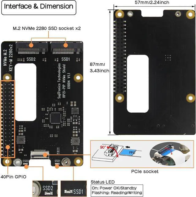 Alt view image 3 of 7 - X1004 PCIe to Dual M.2 HAT NVMe 2280 SSD PCIe Peripheral Board for Raspberry Pi 5