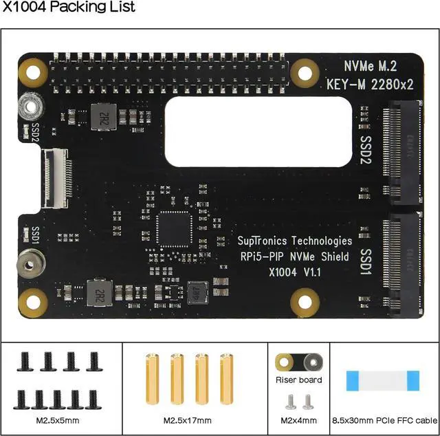 Alt view image 2 of 7 - X1004 PCIe to Dual M.2 HAT NVMe 2280 SSD PCIe Peripheral Board for Raspberry Pi 5