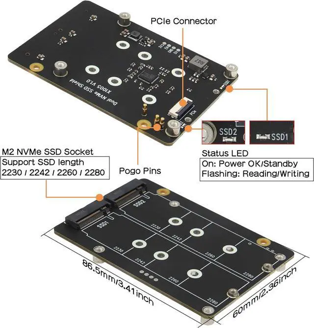 Alt view image 2 of 7 - X1005 PCIe to Bottom Dual M.2 HAT NVMe SSD PCIe Peripheral Board for Raspberry Pi 5 Support M.2 2230/2242/2260/2280 SSD