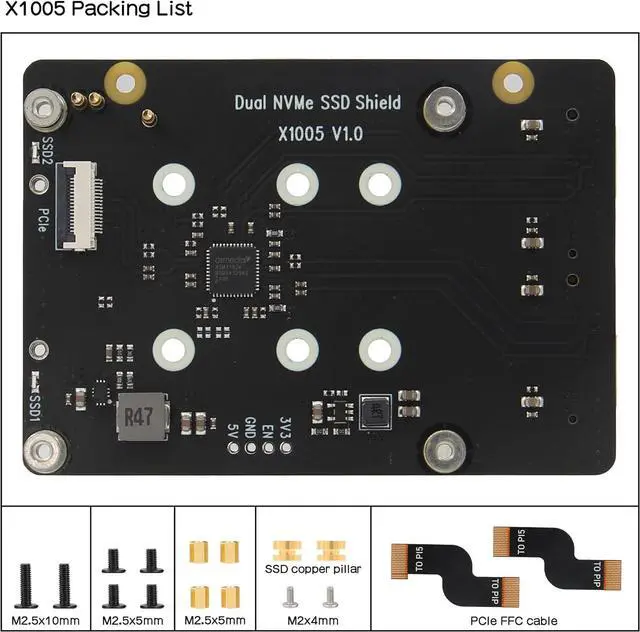 Alt view image 7 of 7 - X1005 PCIe to Bottom Dual M.2 HAT NVMe SSD PCIe Peripheral Board for Raspberry Pi 5 Support M.2 2230/2242/2260/2280 SSD