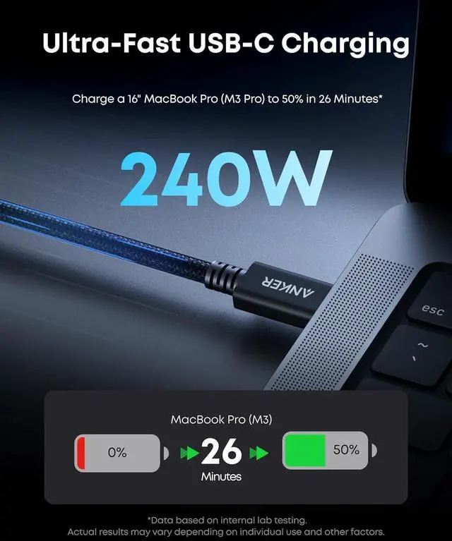 Alt view image 2 of 7 - Prime Thunderbolt 5 Cable, 3.3 FT USB C to USB C Cable, 240W Charging, 80Gbps Data Transfer, Up to 120Gbps Bandwidth, 8K/4K Displays, for iPhone 16, MacBook, and More (Thunderbolt 5-Certified)