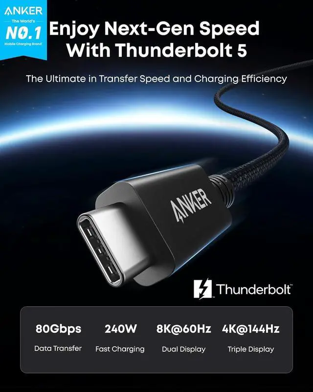 Alt view image 5 of 7 - Prime Thunderbolt 5 Cable, 3.3 FT USB C to USB C Cable, 240W Charging, 80Gbps Data Transfer, Up to 120Gbps Bandwidth, 8K/4K Displays, for iPhone 16, MacBook, and More (Thunderbolt 5-Certified)