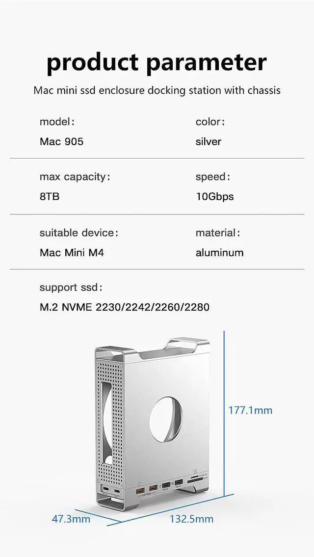 Alt view image 7 of 7 - Mac mini M4 Hub & Chassis with NVMe SSD Enclosure, Mac mini M4 Dock with 2xUSB A 10Gbps, 2XUSB A Data Port, SD/TF 3.0 Card Reader for Mac mini M4, Mac mini M4 Pro - Silver