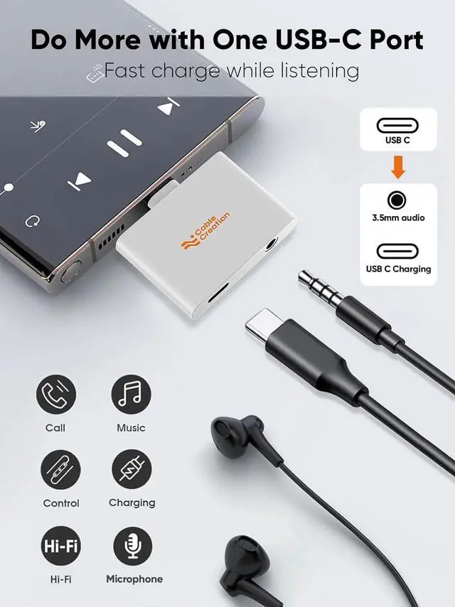 Alt view image 3 of 7 - CableCreation USB C to Audio and Charger Adapter PD 100W, USB-C Headphone with Aux Jack, Type C 3.5mm Audio Jack Charging Adapter for iPhone 16 15 Pro Max Plus, Galaxy, iPad and More