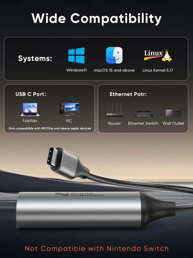 Alt view image 7 of 7 - CableCreation 5Gbps USB C to Ethernet Adapter, 5Gbps Type C to RJ45 Network LAN Internet Adapter Compatible with MacBook, XPS, Thunderbolt 5/4/3, Other USB-C Devices