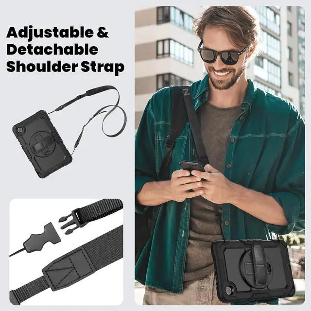 Alt view image 6 of 7 - Compatible with Len-ovo Tab One 8.7 inch/K9 TB305FU (2025) Case with Screen Protector Heavy Duty Shockproof Protective Case Drop-Proof Cover Swivel Kickstand+Handle+Strapp Silicone Cover(Black)