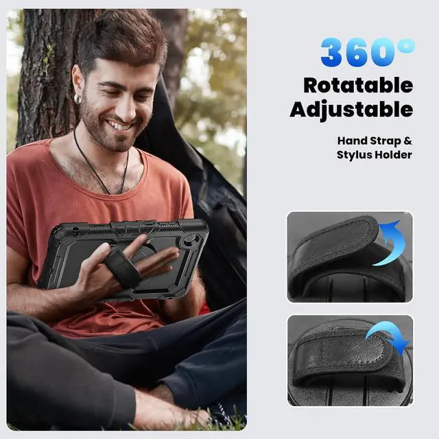 Alt view image 7 of 7 - Compatible with Len-ovo Tab One 8.7 inch/K9 TB305FU (2025) Case with Screen Protector Heavy Duty Shockproof Protective Case Drop-Proof Cover Swivel Kickstand+Handle+Strapp Silicone Cover(Black)