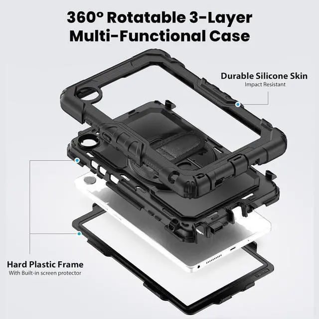 Alt view image 2 of 7 - Compatible with Len-ovo Tab One 8.7 inch/K9 TB305FU (2025) Case with Screen Protector Heavy Duty Shockproof Protective Case Drop-Proof Cover Swivel Kickstand+Handle+Strapp Silicone Cover(Black)