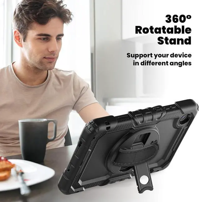 Alt view image 5 of 7 - Compatible with Len-ovo Tab One 8.7 inch/K9 TB305FU (2025) Case with Screen Protector Heavy Duty Shockproof Protective Case Drop-Proof Cover Swivel Kickstand+Handle+Strapp Silicone Cover(Black)
