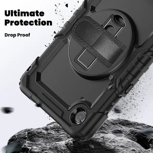 Alt view image 3 of 7 - Compatible with Len-ovo Tab One 8.7 inch/K9 TB305FU (2025) Case with Screen Protector Heavy Duty Shockproof Protective Case Drop-Proof Cover Swivel Kickstand+Handle+Strapp Silicone Cover(Black)