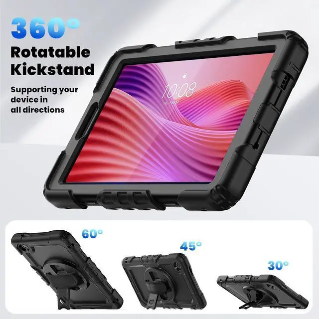 Alt view image 4 of 7 - Compatible with Len-ovo Tab One 8.7 inch/K9 TB305FU (2025) Case with Screen Protector Heavy Duty Shockproof Protective Case Drop-Proof Cover Swivel Kickstand+Handle+Strapp Silicone Cover(Black)