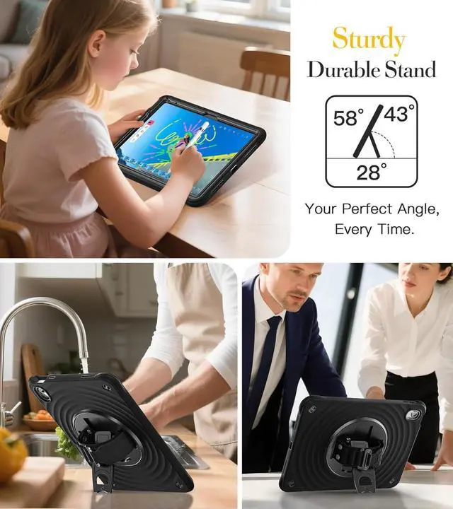 Alt view image 4 of 7 - Case for iPad (A16) 11th/10th Generation 11''/10.9'' 2025/2022, 4 Layers Military-Grade Full Body Protection Screen Protector 360° Rotating Handle Kickstand Shoulder Strap Kids-Friendly