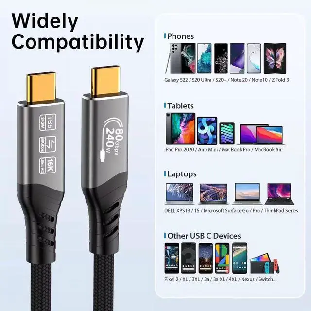 Alt view image 2 of 7 - USB4 for Thunderbolt 5 Cable 3.3ft (1m) 80Gbps, 240W PD Fast Charging, 16K/8K Video, Compatible with MacBook Pro/Air, iPad Pro, Dell XPS, Surface Laptop, Galaxy Book