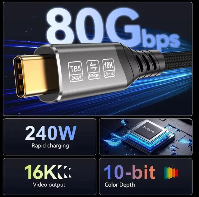 Alt view image 5 of 7 - USB4 for Thunderbolt 5 Cable 3.3ft (1m) 80Gbps, 240W PD Fast Charging, 16K/8K Video, Compatible with MacBook Pro/Air, iPad Pro, Dell XPS, Surface Laptop, Galaxy Book