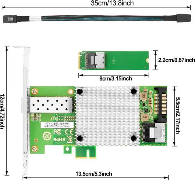 Alt view image 5 of 6 - M.2 to 10GbE SFP+ NIC, Single SFP+ Port with In-tel 82599 chip, M.2 + M Key + SFF-8087 with 35cm(13.7in) Cable, 10 Gigabit Network Card for Windows, Linux, UEFI
