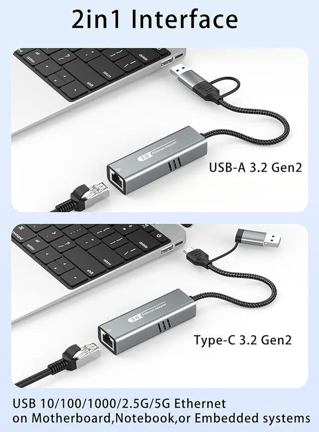 Alt view image 7 of 7 - 5G USB 3.2 Ethernet Adapter with RTL8157, 2-in-1 USB-A/Type-C to 5Gbps Network Card RJ45 LAN Converter for PC Laptop Windows Mac OS Linux(5Gbps Need Type-C > 3.2)