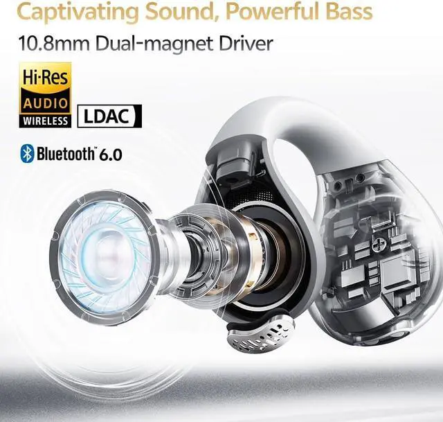 Alt view image 3 of 7 - QCY Crossky C30S Open Ear Earbuds, Ultra-Comfort Clip On Ear Buds Wireless Bluetooth 6.0, LDAC Hi-Res Audio, Deep Bass, 40H Playtime, Fast Charging, IPX5 Waterproof Sports/Running Earphones