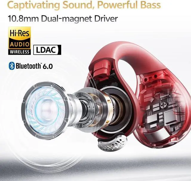 Alt view image 3 of 7 - QCY Crossky C30S Open Ear Earbuds, Ultra-Comfort Clip On Ear Buds Wireless Bluetooth 6.0, LDAC Hi-Res Audio, Deep Bass, 40H Playtime, Fast Charging, IPX5 Waterproof Sports/Running Earphones-Red