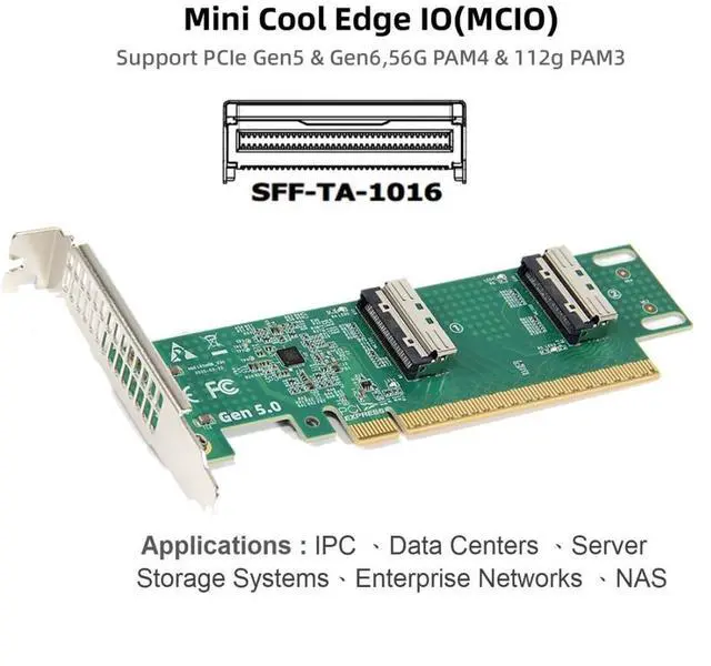 Alt view image 7 of 7 - Dual Port PCI-E X16 to PCI-E 5.0 MCIO 8i 74Pin SFF-TA-1016 Adapter Mini Cool Edge IO Female PCI Expansion Card Adapter