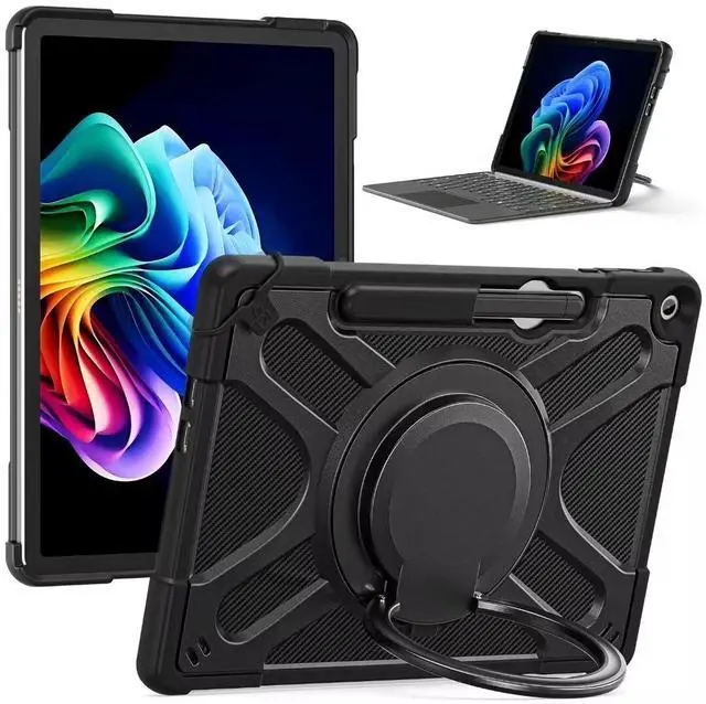 Main image of Case for Microsoft Surface Pro 12 Inch 2025, All-in-One Rugged Transparent Protective Cover with Multi-Angle Kickstand & Pen Holder & Hand Strap, Compatible with Type Cover Keyboard, Black