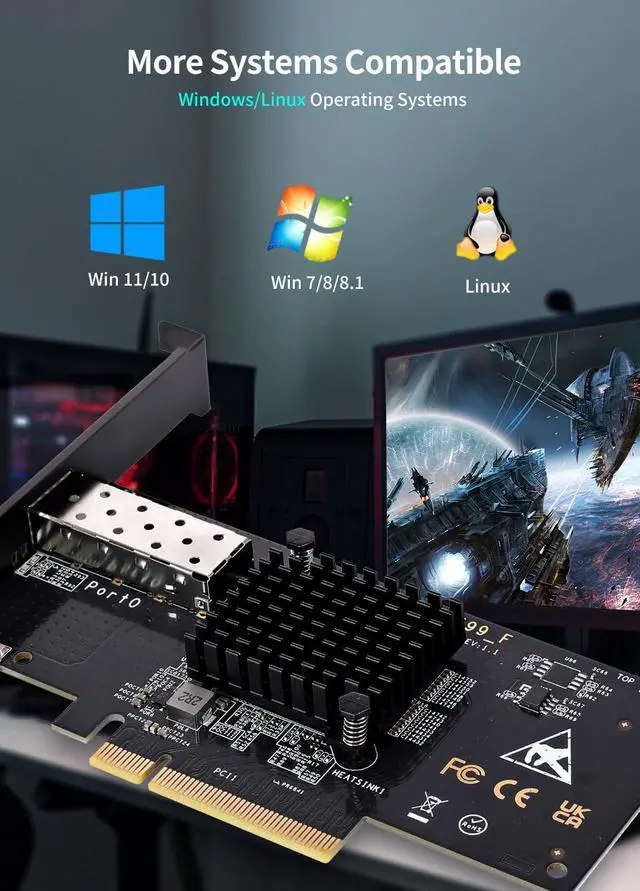 Alt view image 6 of 7 - 10Gb SFP PCI-e Network Card, 82599(X520-DA1) Controller, 10Gbps Ethernet Adapter, 10Gbe SFP+ Port, 10G NIC Card, Support Windows/Windows Server/VMware