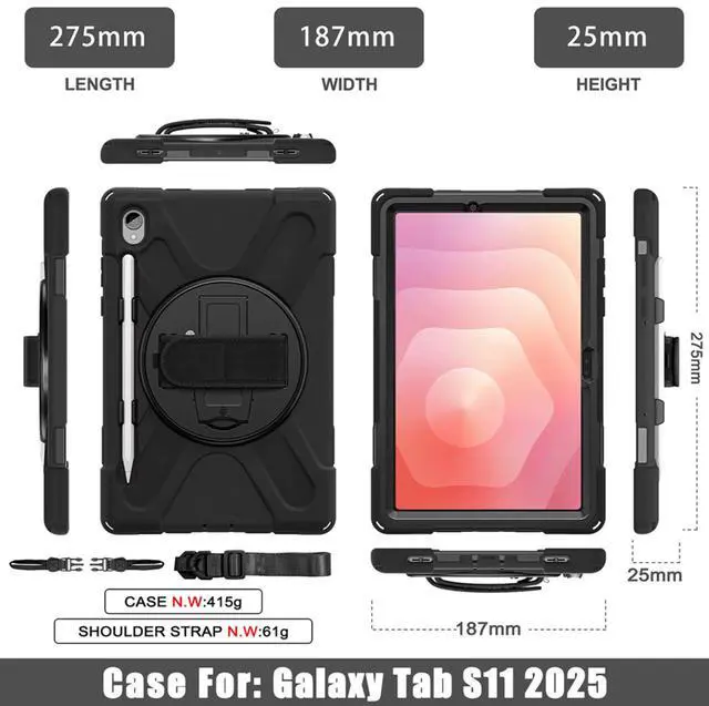 Alt view image 3 of 3 - Case for Galaxy Tab S11 X730/X736/X736B Case 11", Shockproof Protective Case with Pencil Holder, 360° Rotating Hand Strap & Stand, Shoulder Strap, Black