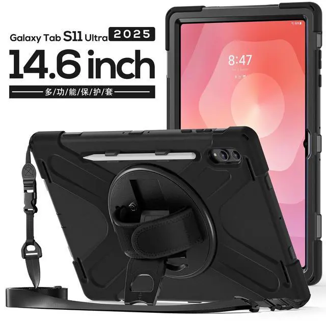 Main image of Shockproof Protective Case for Galaxy Tab S11 Ultra 14.6 inch with Pen Slot,Hand Strap & Kickstand | Shoulder Strap | Black Rugged Cover | Hard Shell Design | Model# S11 Ultra