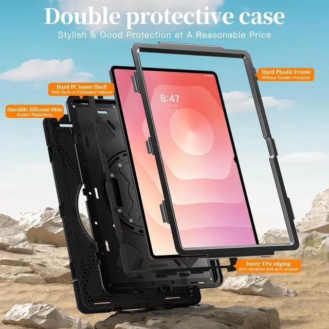 Alt view image 5 of 7 - Shockproof Protective Case for Galaxy Tab S11 Ultra 14.6 inch with Pen Slot,Hand Strap & Kickstand | Shoulder Strap | Black Rugged Cover | Hard Shell Design | Model# S11 Ultra