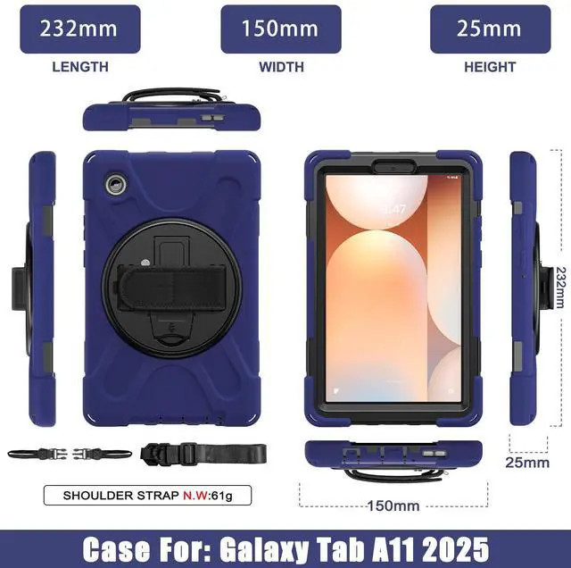 Alt view image 2 of 7 - Case for Galaxy Tab A11 Case 8.7 inch SM-X133 / X135, Shockproof Hard Duty Case with 360 Rotating Stand&Hand Strap/Shoulder Strap for GALAXY Tab A11 8.7 Inch SM-X133 / X135(2025) Tablet