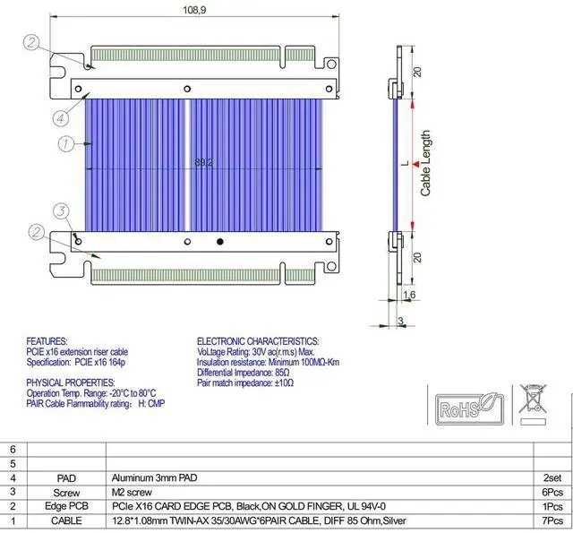 Alt view image 3 of 5 - ADTLINK PCIe 4.0 x16 to x16 Male to Male/Female to Female Extension Cable for PCIe x16 Board to Board Jumpers Silver-Plated Wire Low Impedance Gen4 (K33VS(Tx to Tx/Rx to Rx), 20cm)