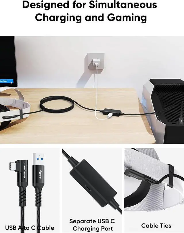 Alt view image 2 of 6 - CableCreation 15.4FT 18W VR Charging Link Cable with PD Charging Socket, 5Gbps USB 3.2 GEN1 A to Type C Cable Compatible with Quest 3S/Quest 3/Oculus Quest 2/Pico 4 Accessories and PC/SteamVR