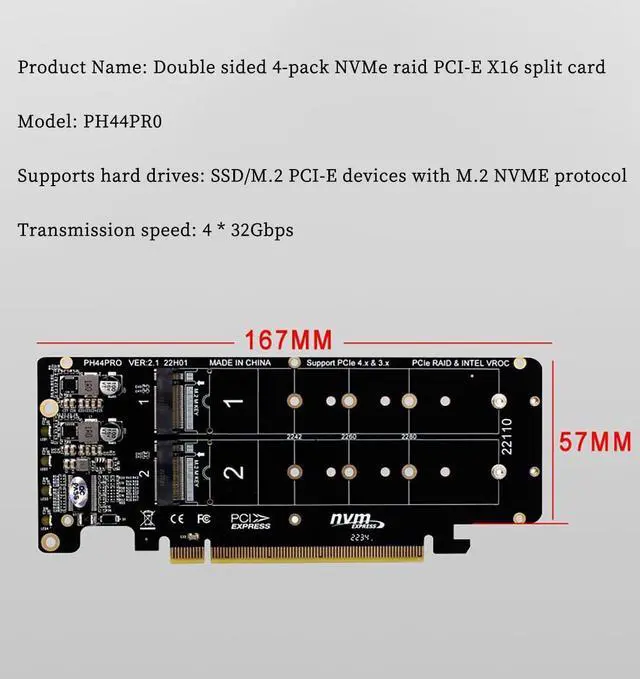 Alt view image 5 of 7 - Dual-Sided 4* M.2 M-Key NVME to PCIe X16 Splitter Card 4 * 32Gbps 2U Server RAID Array Expansion Adapter Support 2242 2260 2280 22110 SSD
