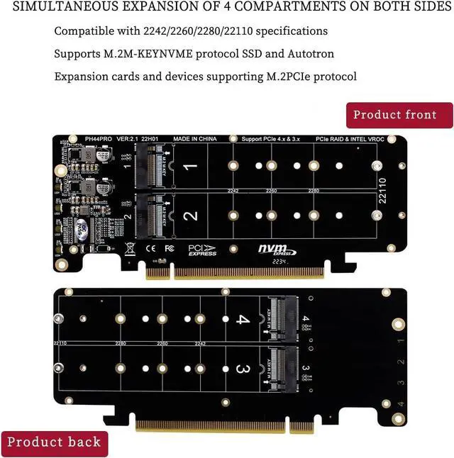 Alt view image 7 of 7 - Dual-Sided 4* M.2 M-Key NVME to PCIe X16 Splitter Card 4 * 32Gbps 2U Server RAID Array Expansion Adapter Support 2242 2260 2280 22110 SSD