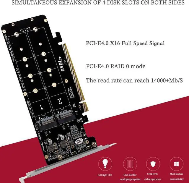 Alt view image 3 of 7 - Dual-Sided 4* M.2 M-Key NVME to PCIe X16 Splitter Card 4 * 32Gbps 2U Server RAID Array Expansion Adapter Support 2242 2260 2280 22110 SSD