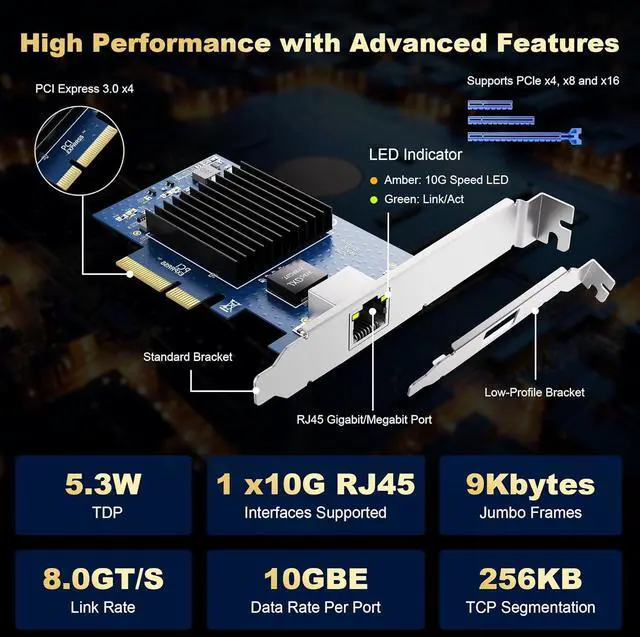 Alt view image 6 of 6 - 10Gb PCIe NIC Network Card, Single RJ45 Port, Aquantia AQC107 4X Ethernet LAN Controller, for Windows Server/Windows/Linux/ESX