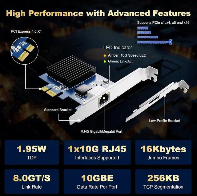 Alt view image 6 of 6 - 10G PCIe Network Card - Single Port 10 Giga-bit Ethernet Adapter PCIe 4.0 x1 RJ45 Multi-Giga-bit 10/5/2.5/1Gbps for Servers PCs Windows Linux Realtek RTL8127