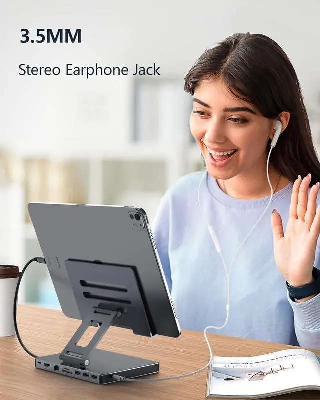 Alt view image 4 of 7 - USB-C Docking Station with Foldable Aluminum Tablet Stand, Multiport Type C Hub and 9-in-1 Adapter for iPad Pro M4 M2 13 12.9 11 Inch 4K 60Hz HDMI, RJ45 Gigabit Ethernet, SD/TF 3 USB 3.0, 3.5 mm Audio