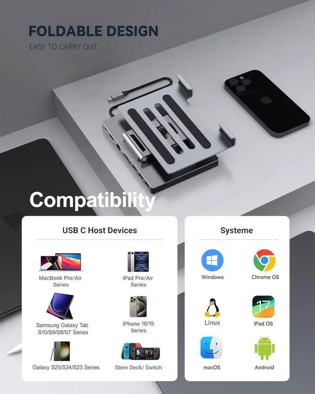 Alt view image 5 of 7 - USB-C Docking Station with Foldable Aluminum Tablet Stand, Multiport Type C Hub and 9-in-1 Adapter for iPad Pro M4 M2 13 12.9 11 Inch 4K 60Hz HDMI, RJ45 Gigabit Ethernet, SD/TF 3 USB 3.0, 3.5 mm Audio