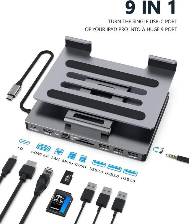 Alt view image 3 of 7 - USB-C Docking Station with Foldable Aluminum Tablet Stand, Multiport Type C Hub and 9-in-1 Adapter for iPad Pro M4 M2 13 12.9 11 Inch 4K 60Hz HDMI, RJ45 Gigabit Ethernet, SD/TF 3 USB 3.0, 3.5 mm Audio