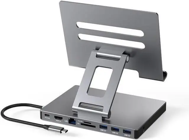 Main image of USB-C Docking Station with Foldable Aluminum Tablet Stand, Multiport Type C Hub and 9-in-1 Adapter for iPad Pro M4 M2 13 12.9 11 Inch 4K 60Hz HDMI, RJ45 Gigabit Ethernet, SD/TF 3 USB 3.0, 3.5 mm Audio