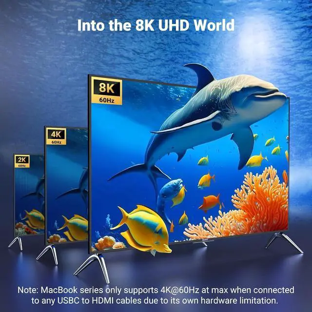 Alt view image 2 of 7 - USB C to HDMI Cable 8K@60Hz 4K@240Hz Thunderbolt 4/3 Type C to HDMI 2.1 Cable 48Gbps HDR HDCP2.3 Compatible for MacBook Pro Air iPad, Mac mini, iPhone 17 ProMax, Galaxy S25, Pixel 9, XPS, 4.92FT(1.5M)