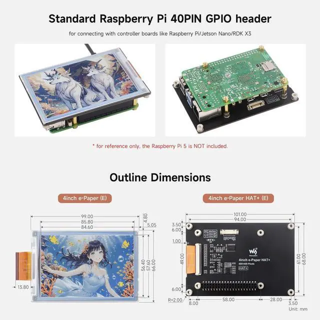 Alt view image 4 of 7 - Waveshare 4inch E Ink Spectra 6 (E6) Full Color E-Paper Display, Compatible with Raspberry Pi 5/4B/3B/Zero/Zero W/Zero 2W/Pico/Pico W/Pico WH, Jetson Nano and RDK X3, with HAT+ Standard Driver Board