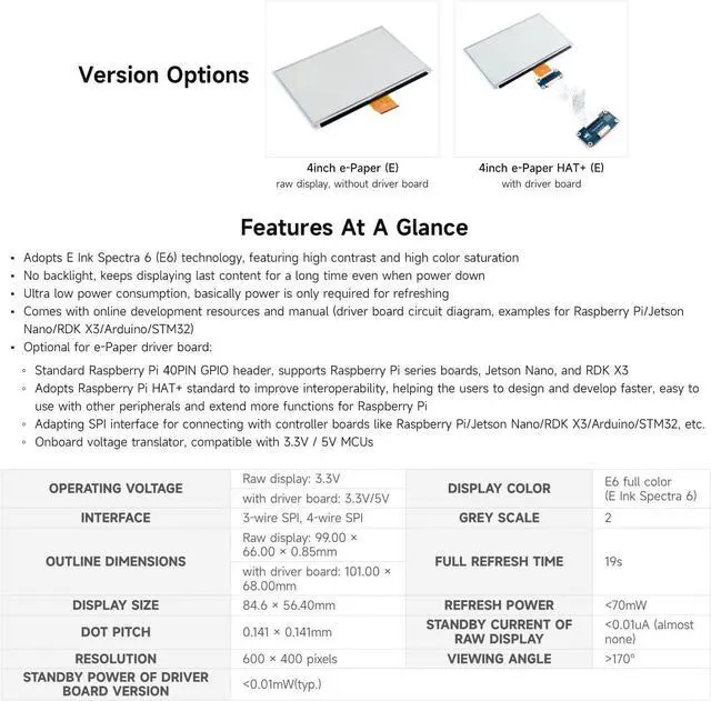 Alt view image 3 of 7 - Waveshare 4inch E Ink Spectra 6 (E6) Full Color E-Paper Display, Compatible with Raspberry Pi 5/4B/3B/Zero/Zero W/Zero 2W/Pico/Pico W/Pico WH, Jetson Nano and RDK X3, with HAT+ Standard Driver Board