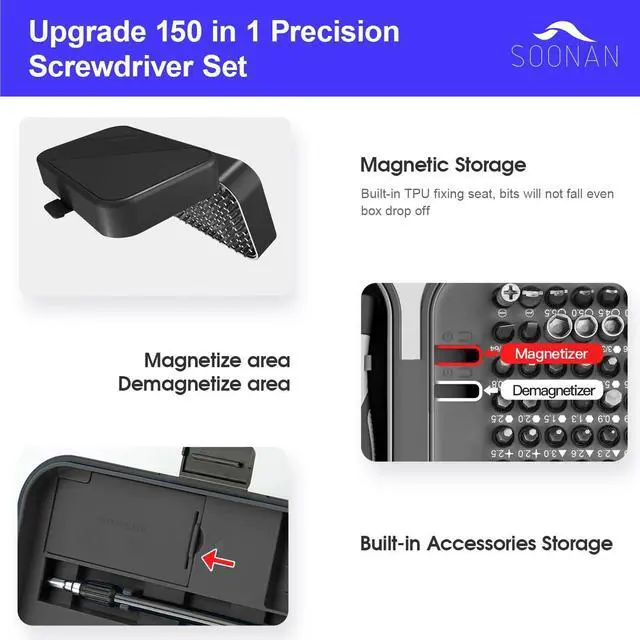 Alt view image 5 of 7 - Precision Screwdriver Set,150 in 1 Electronics Tool Kit with 120 Bits Magnetic Screwdriver Set & 30-bit Magnetic Set Handy Repair Tool for Computer Phone Watch Camera Laptop, Black
