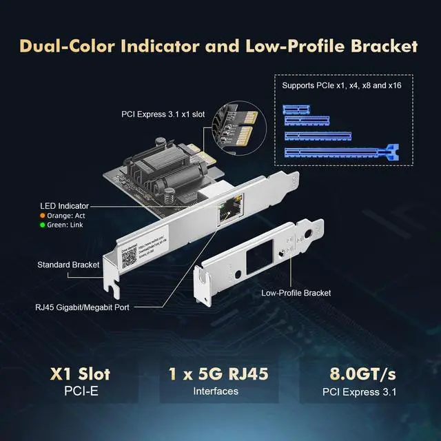Alt view image 5 of 7 - 5G PCIe Network Adapter, RTL8126 5G/2.5G/1G/100Mbps Binardat Ethernet Card RJ45 LAN Controller with Low Profile, Support PXE for Windows 11/10, Linux